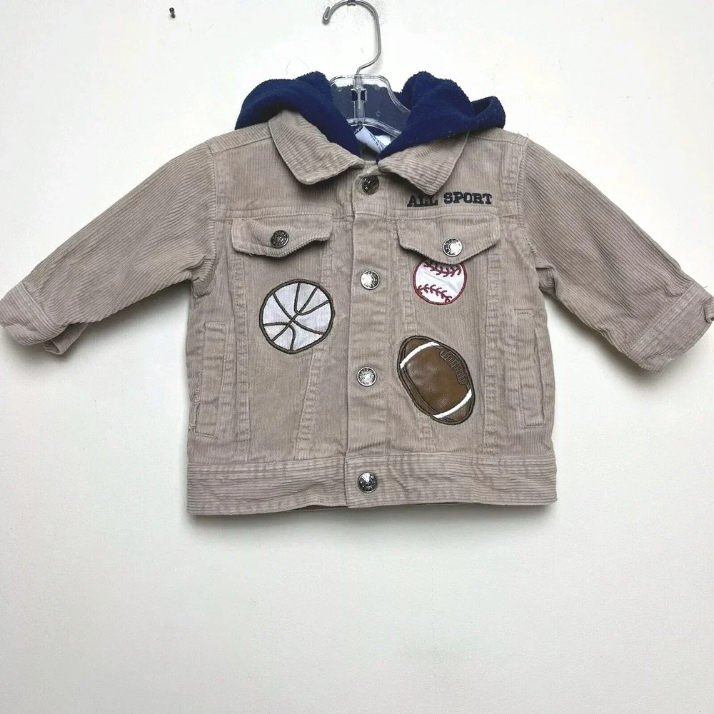 Vintage Khaki Corduroy Hooded Jacket Baseball Basketball Football 12 Months Y2K